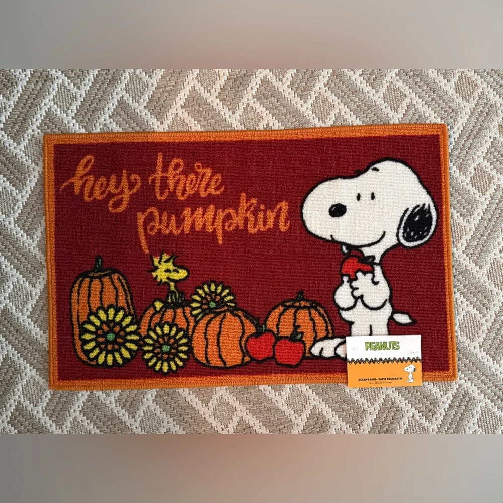 Peanuts Snoopy 'Happy Harvesting' Autumn Accent Rug Door Mat- Red & Orange 17x28